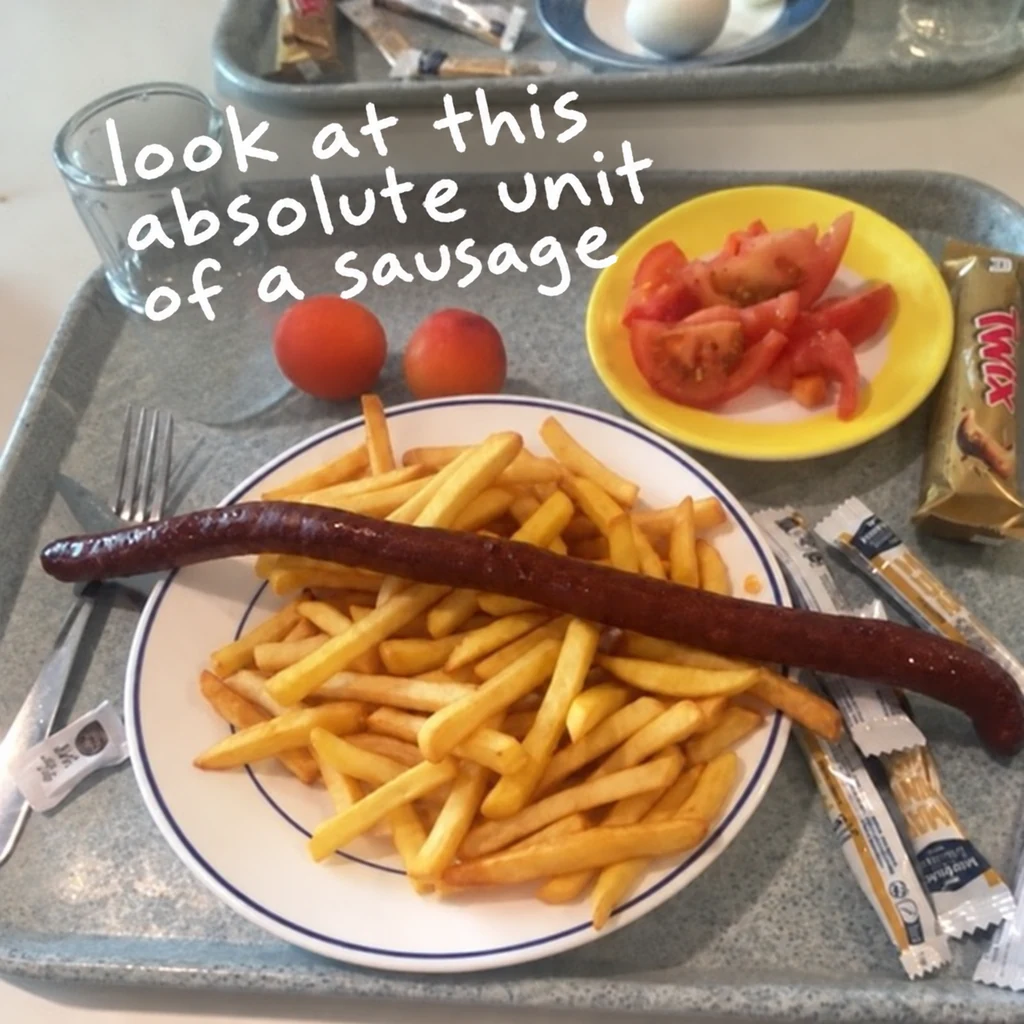 An oversized merguez sausage on a plate of fries, with handwritten notes