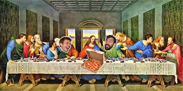 La Cène avec les deux visages et une boîte de pizza en stickers, recadrée en carré